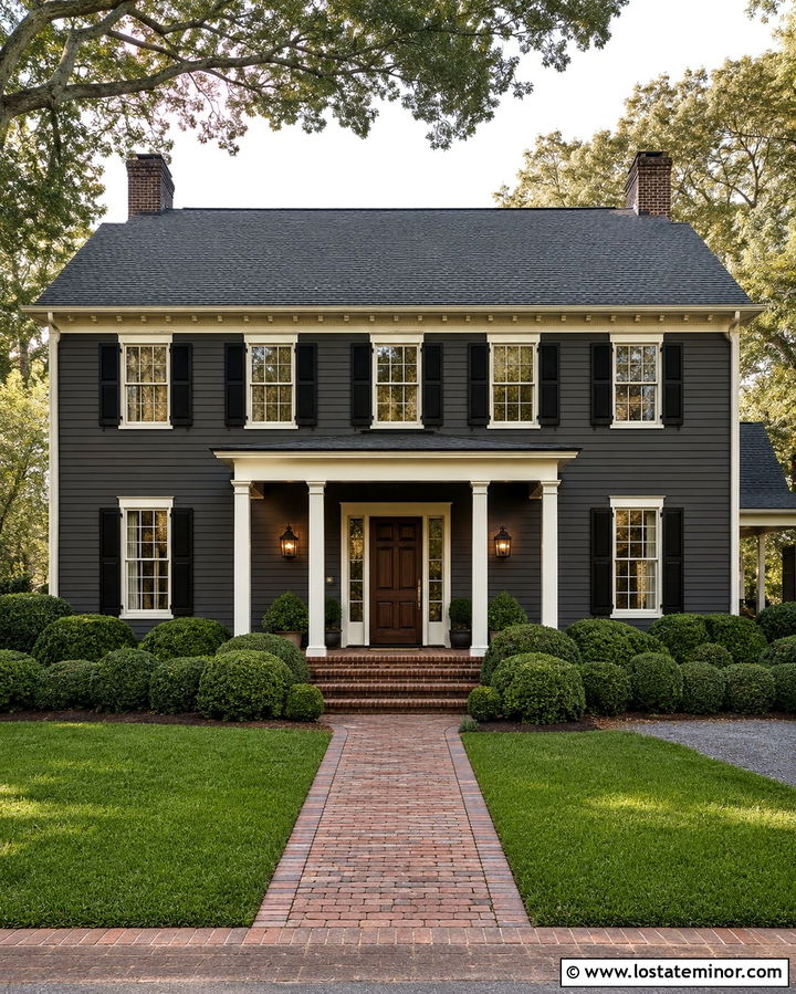 Soft Black Colonial With Brick Front Porch - 30 Soft Black House Design With Front Porch Ideas