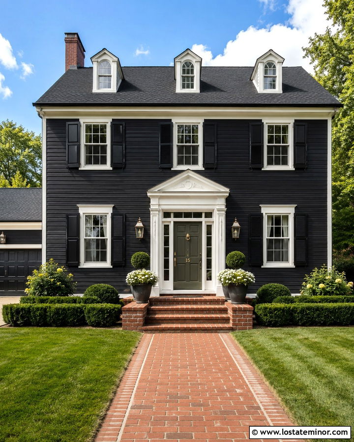 Soft Black Colonial With Brick Front Steps - 30 Soft Black House Design With Steps Ideas