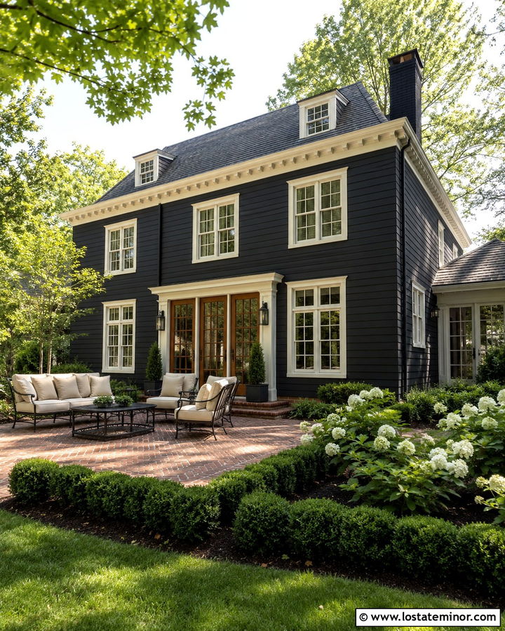 Soft Black Colonial With Brick Patio - 30 Soft Black House Design With Backyard Ideas