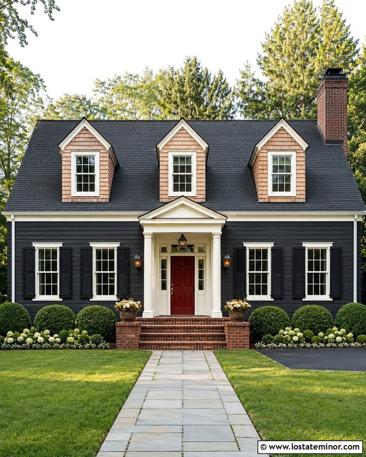 Soft Black Colonial With Cedar Shake Dormers - 30 Soft Black House Design With Cedar Shake Ideas