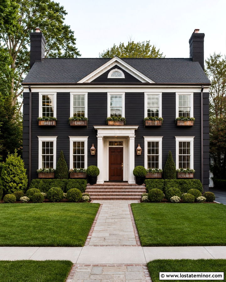 Soft Black Colonial With Copper Window Boxes - 30 Soft Black House Design With Window Boxes Ideas