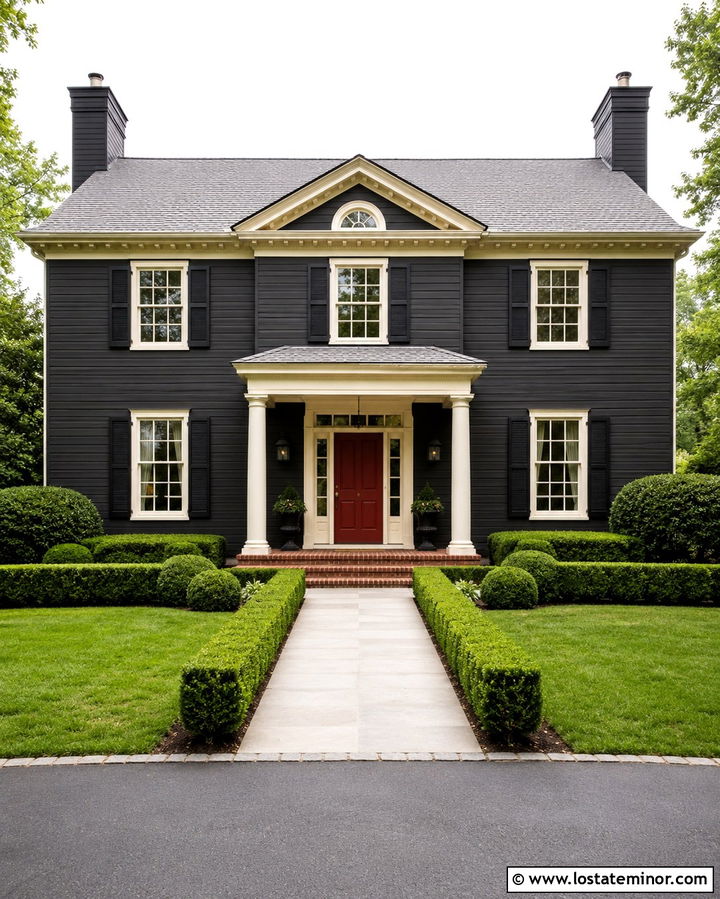 Soft Black Colonial With Cream Round Columns - 30 Soft Black House Design With Porch Columns Ideas