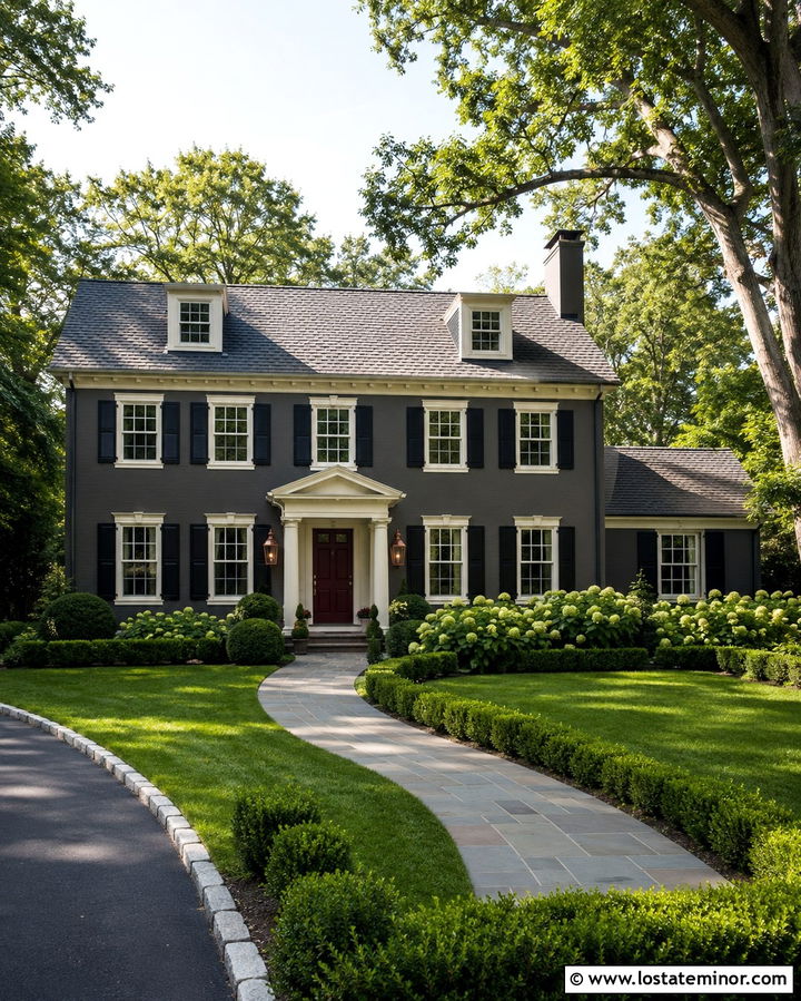 Soft Black Colonial With Curved Stone Walkway - 30 Soft Black House Design With Walkway Ideas