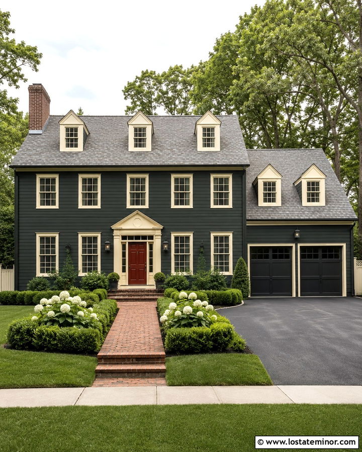 Soft Black Colonial With Paneled Garage Door - 30 Soft Black House Design With Garage Door Ideas