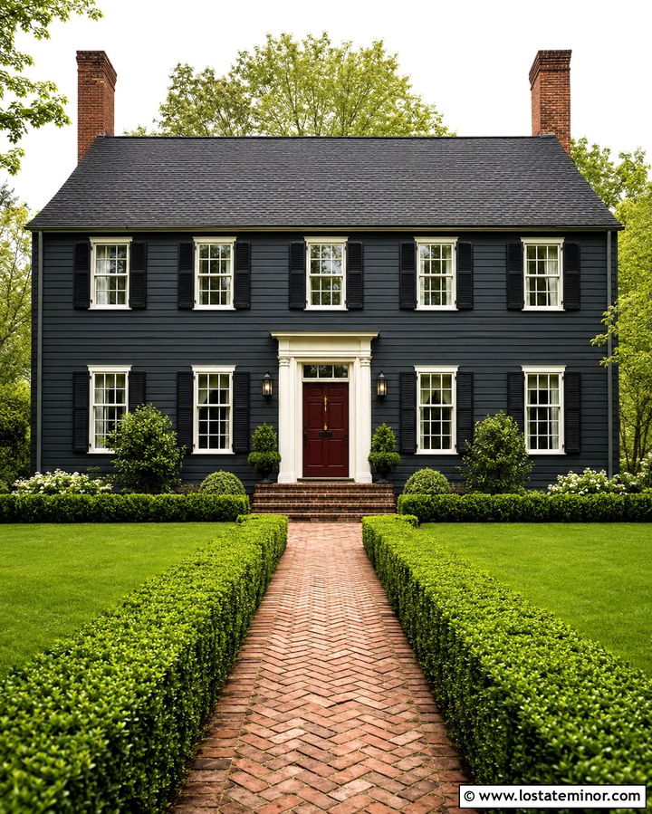 Soft Black Colonial With Red Brick Chimneys - 30 Soft Black House Design With Brick Accents Ideas