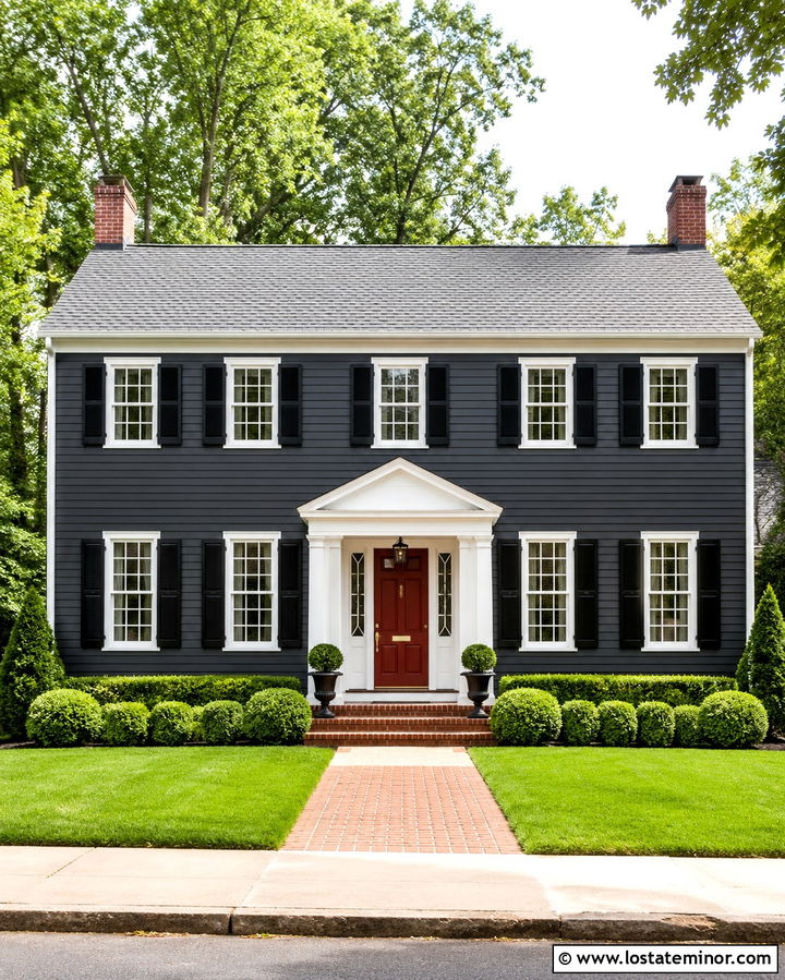Soft Black Colonial With Red Entry Door - 30 Soft Black House Design With Entry Door Ideas