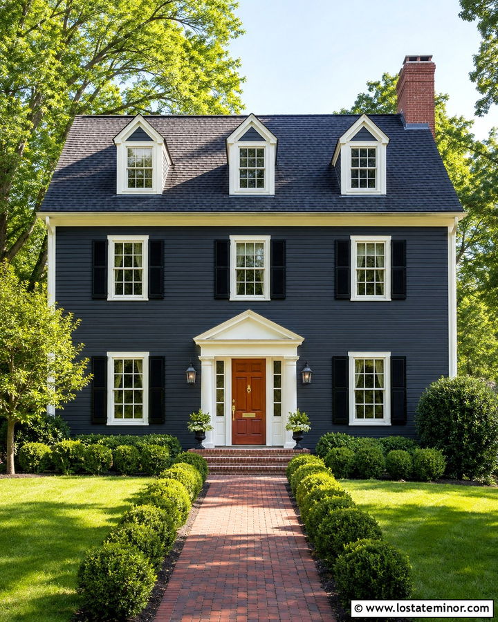 Soft Black Colonial With Three Dormers - 30 Soft Black House Design With Dormers Ideas