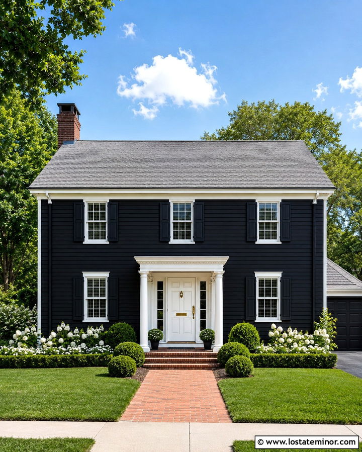Soft Black Colonial With White Front Door - 30 Soft Black House Design With Front Door Ideas