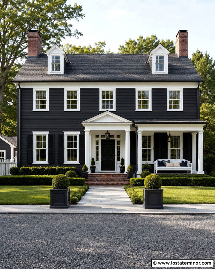 Soft Black Colonial With White Porch Daybed - 30 Soft Black House Design With Daybed Ideas