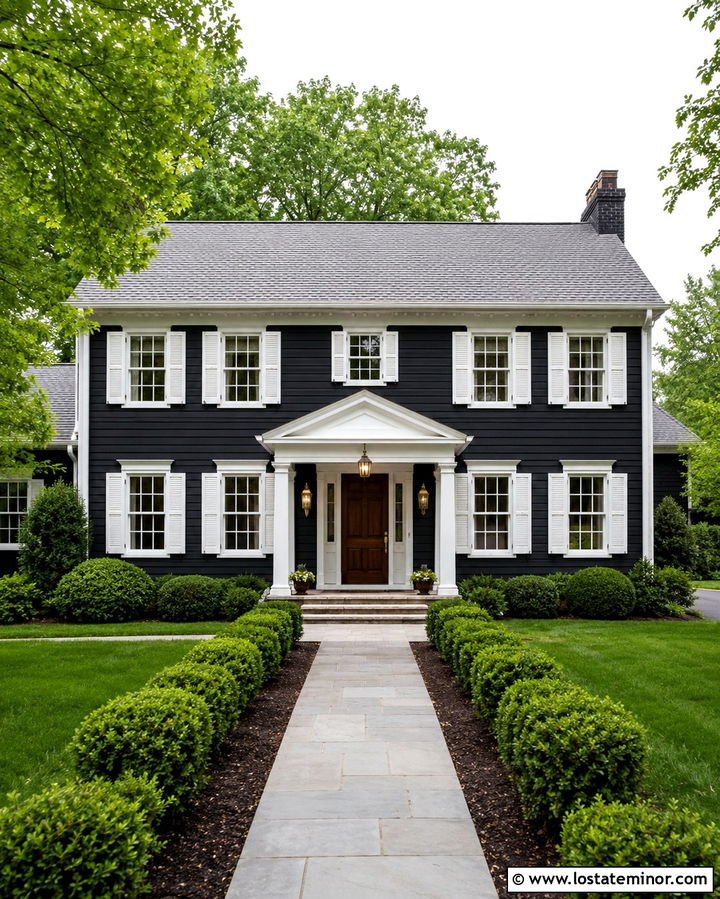 Soft Black Colonial With White Shutters - 30 Soft Black House Design With Shutters Ideas