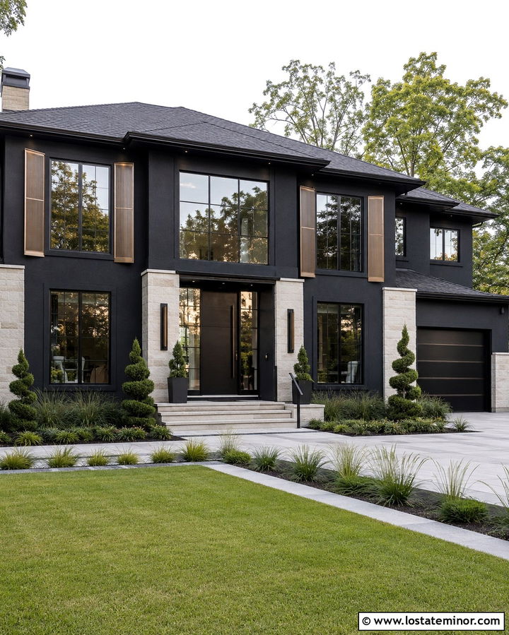Soft Black Contemporary House With Bronze Shutters - 30 Soft Black House Design With Shutters Ideas