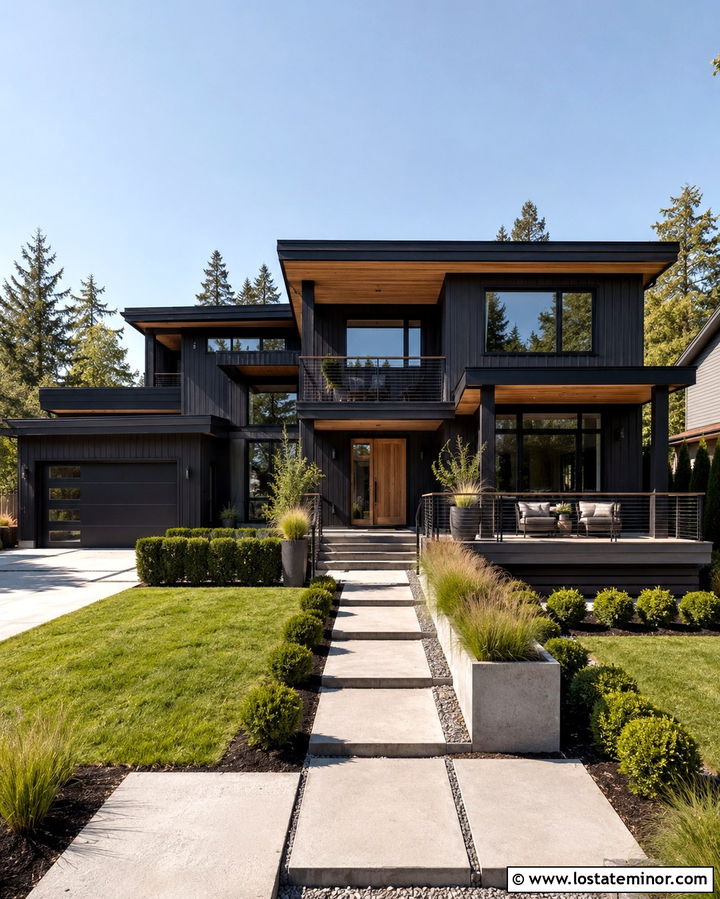 Soft Black Contemporary House With Composite Deck - 30 Soft Black House Design With Deck Ideas
