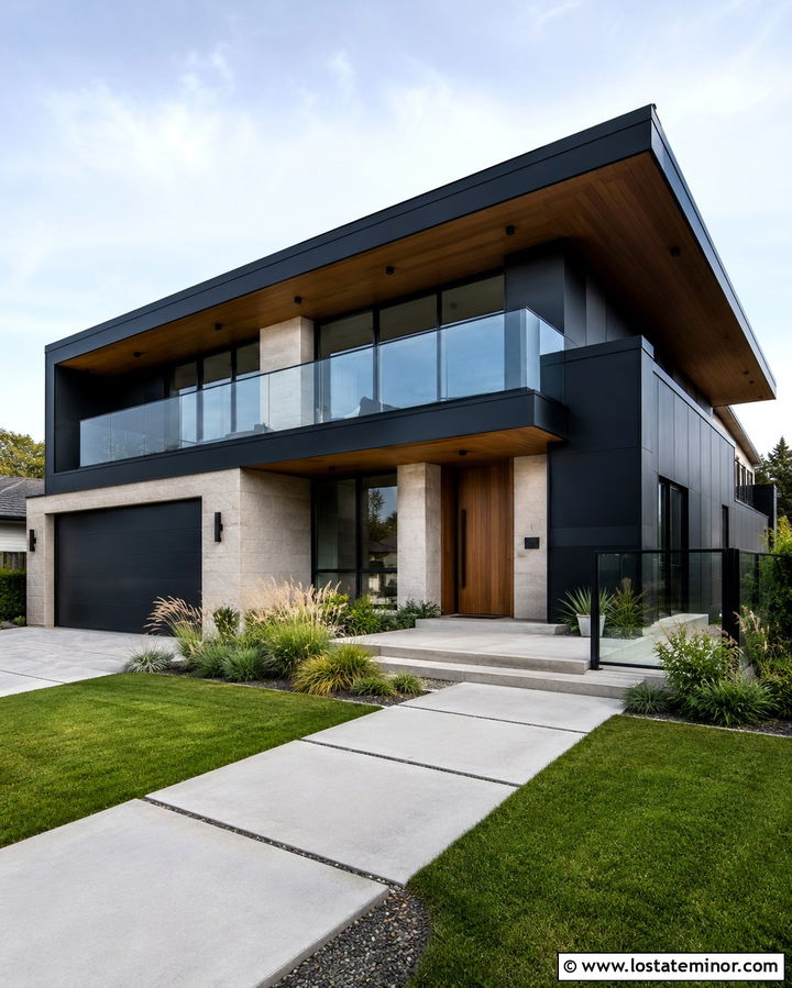 Soft Black Contemporary House With Glass Railings - 30 Soft Black House Design With Railings Ideas