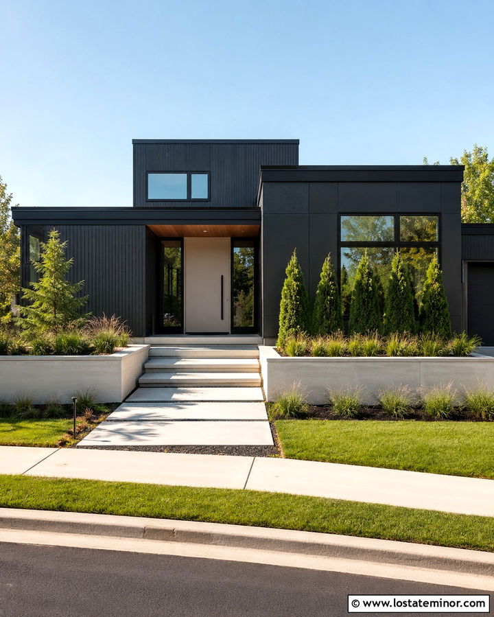 Soft Black Contemporary House With Greige Front Door - 30 Soft Black House Design With Front Door Ideas