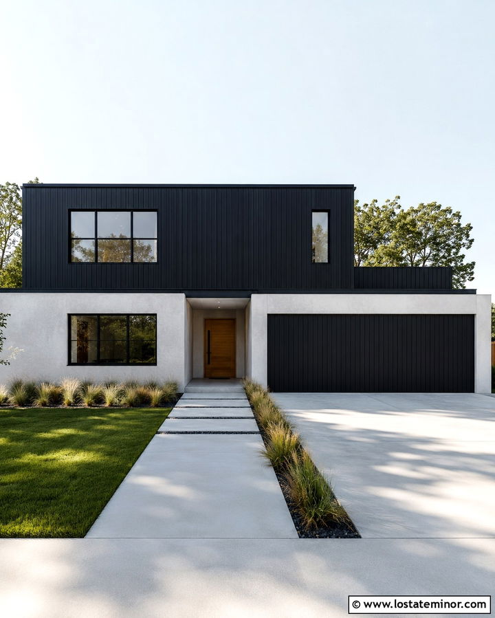 Soft Black Contemporary House With Hidden Garage Door - 30 Soft Black House Design With Garage Door Ideas