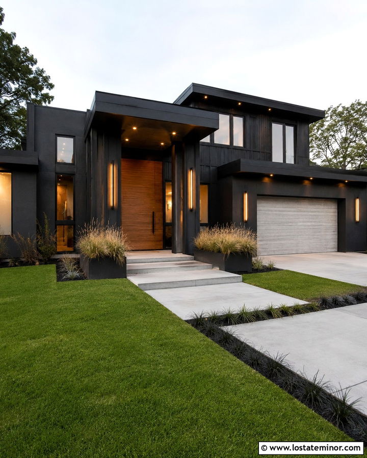 Soft Black Contemporary House With Linear Lights - 30 Soft Black House Design With Light Fixtures Ideas