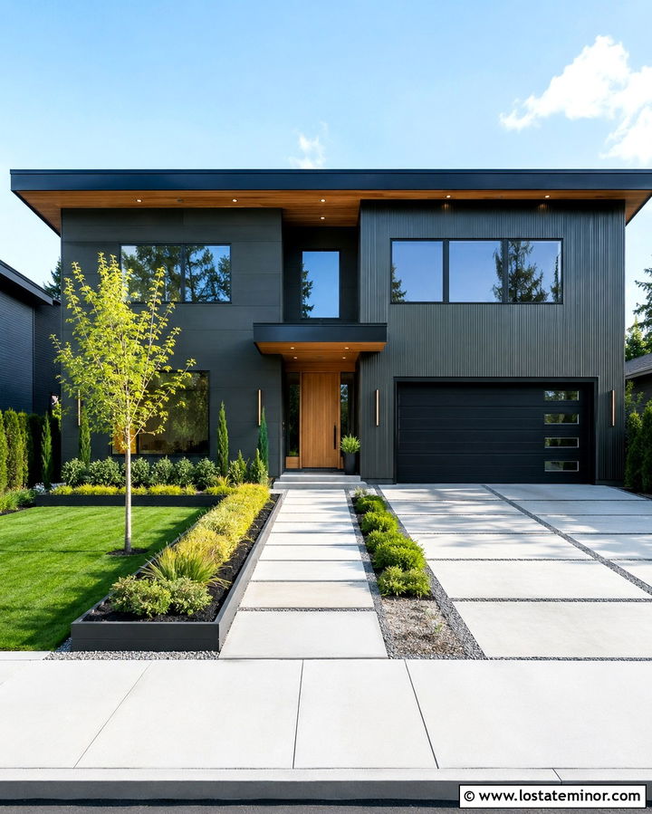 Soft Black Contemporary House With Linear Planting - 30 Soft Black House Design With Landscaping Ideas