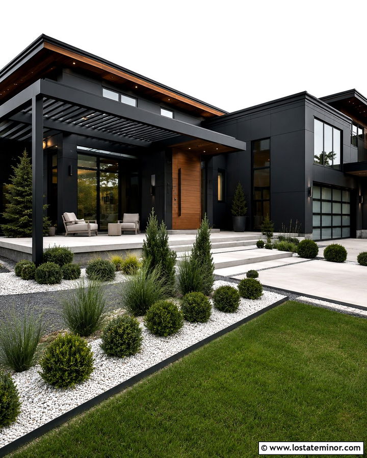Soft Black Contemporary House With Metal Pergola - 30 Soft Black House Design With Pergola Ideas