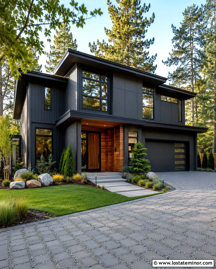 Soft Black Contemporary House With Permeable Driveway - 30 Soft Black House Design With Driveway Ideas