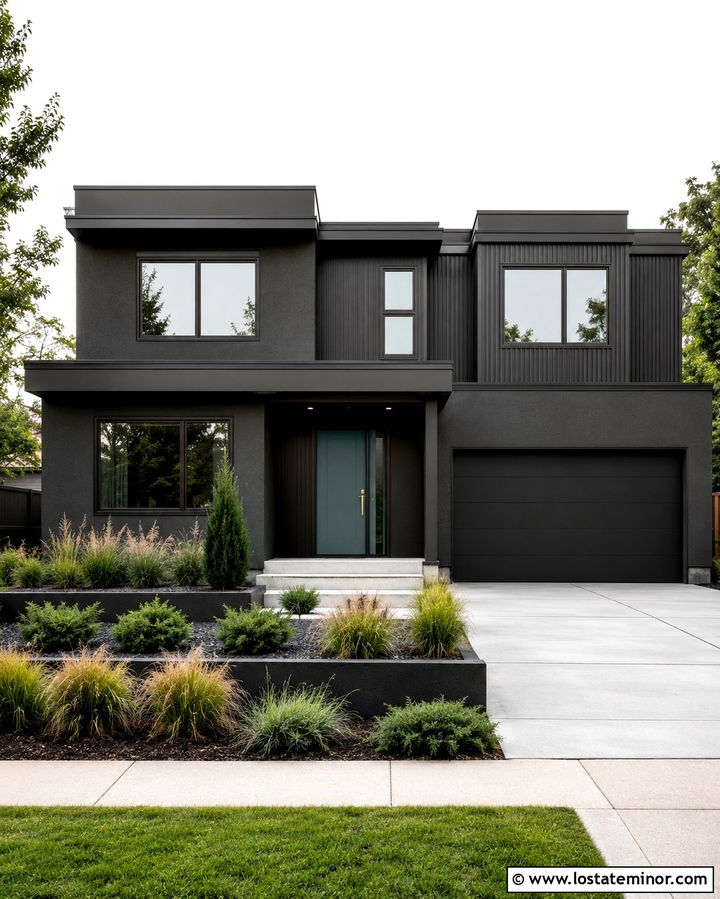 Soft Black Contemporary House With Teal Entry Door - 30 Soft Black House Design With Entry Door Ideas