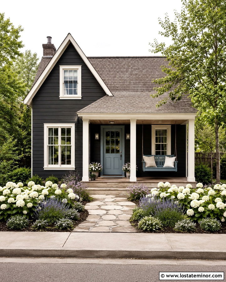 Soft Black Cottage House With Blue Porch Swing - 30 Soft Black House Design With Swing Ideas