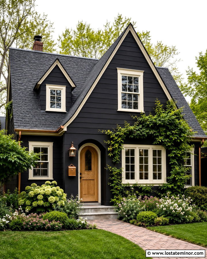 Soft Black Cottage House With Copper Mailbox - 30 Soft Black House Design With Mailbox Ideas