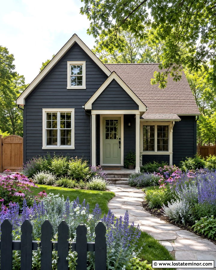 Soft Black Cottage House With Flowering Borders - 30 Soft Black House Design With Landscaping Ideas