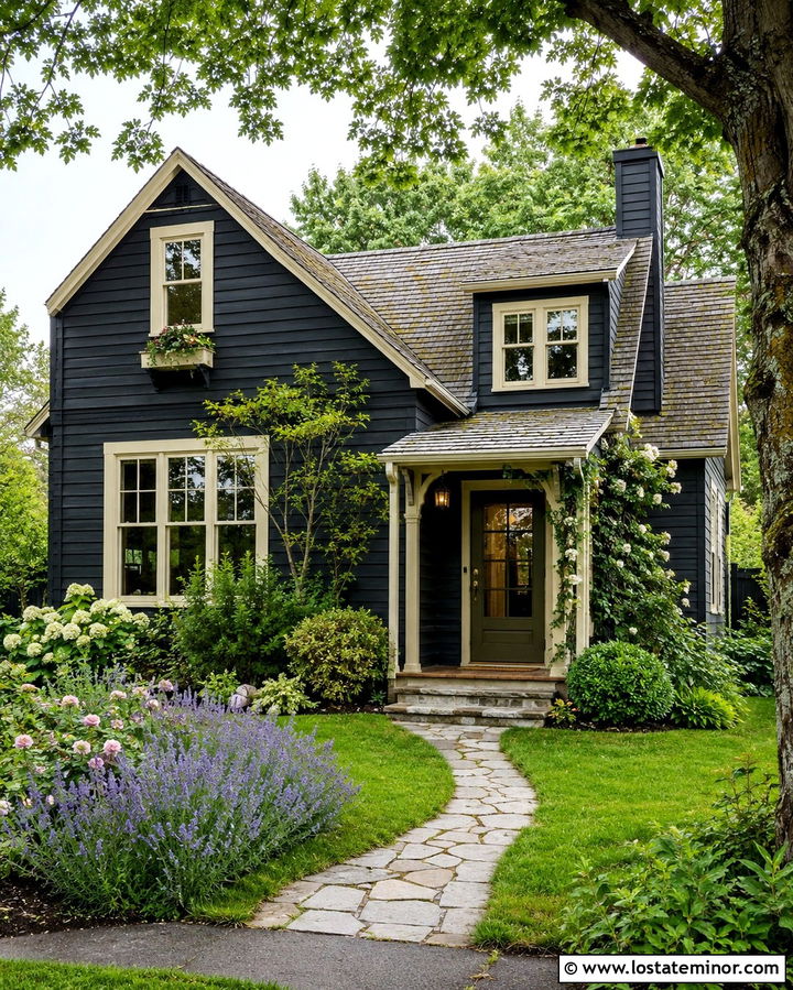 Soft Black Cottage House With Green Storm Door - 30 Soft Black House Design With Storm Door Ideas