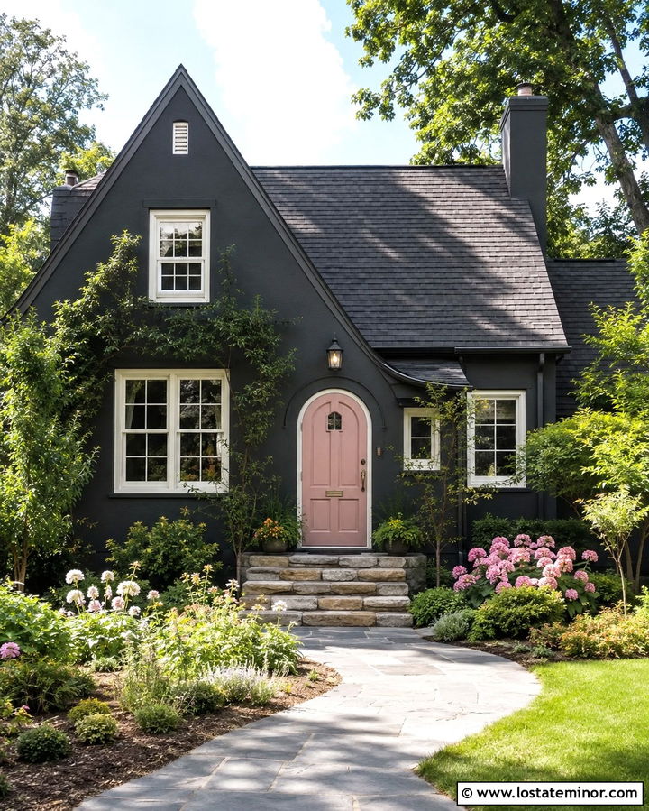 Soft Black Cottage With Blush Pink Entry Door - 30 Soft Black House Design With Entry Door Ideas