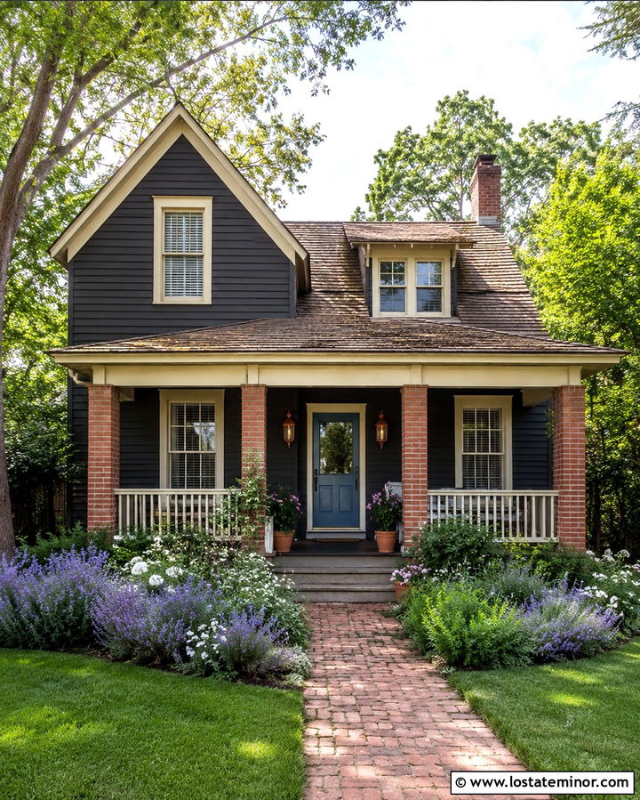 Soft Black Cottage With Brick Porch Columns - 30 Soft Black House Design With Porch Columns Ideas