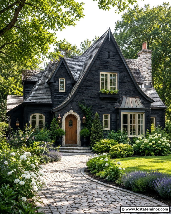 Soft Black Cottage With Cobblestone Driveway - 30 Soft Black House Design With Driveway Ideas