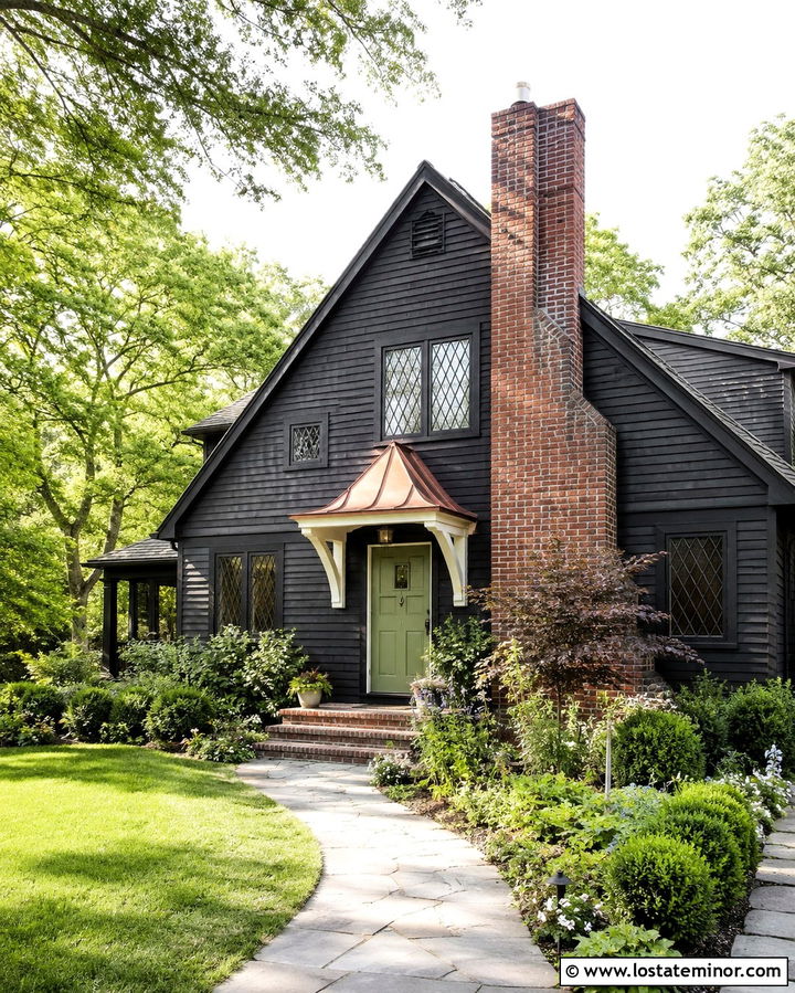 Soft Black Cottage With Copper Portico - 30 Soft Black House Design With Portico Ideas