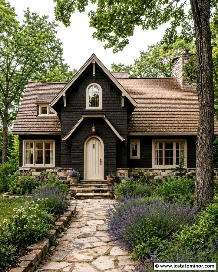 Soft Black Cottage With Cream Front Door - 30 Soft Black House Design With Front Door Ideas