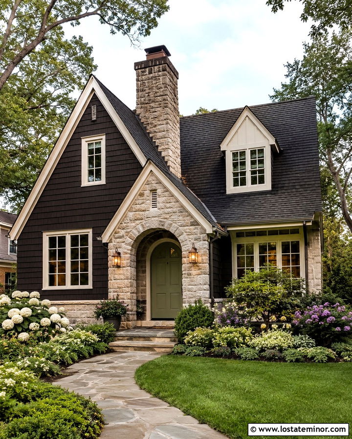 Soft Black Cottage With Cream Stone - 30 Soft Black House Design With Stone Accents Ideas