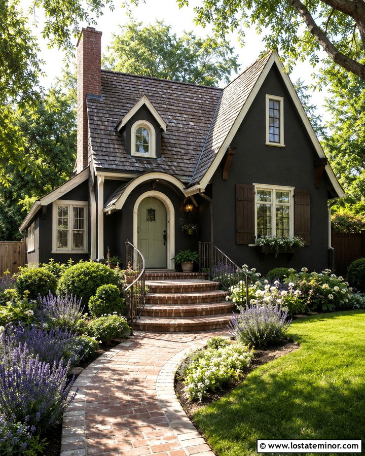 Soft Black Cottage With Curved Brick Steps - 30 Soft Black House Design With Steps Ideas