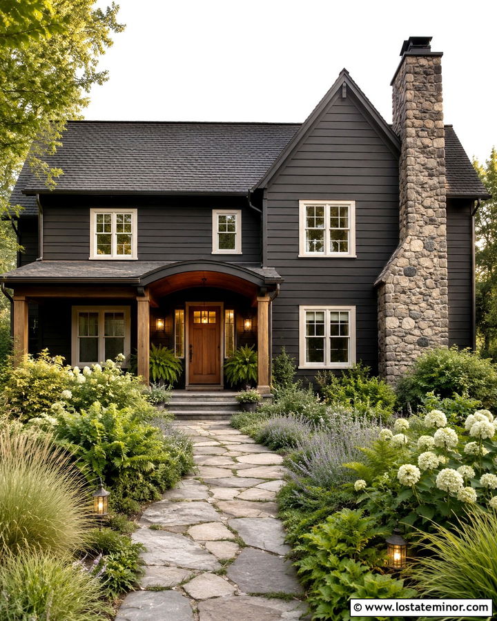 Soft Black Cottage With Fieldstone Chimney - 30 Soft Black House Design With Chimney Ideas