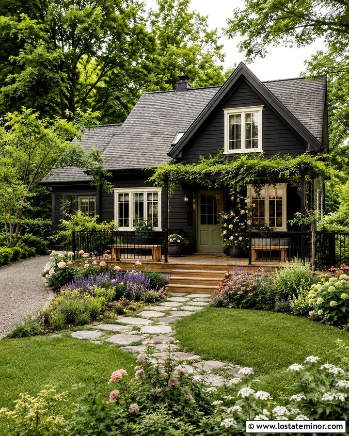 Soft Black Cottage With Garden Deck - 30 Soft Black House Design With Deck Ideas