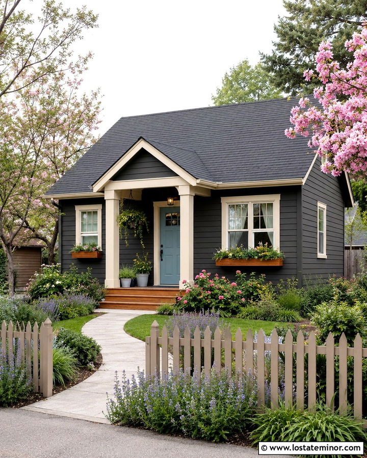 Soft Black Cottage With Garden Picket Fence - 30 Soft Black House Design With Fence Ideas