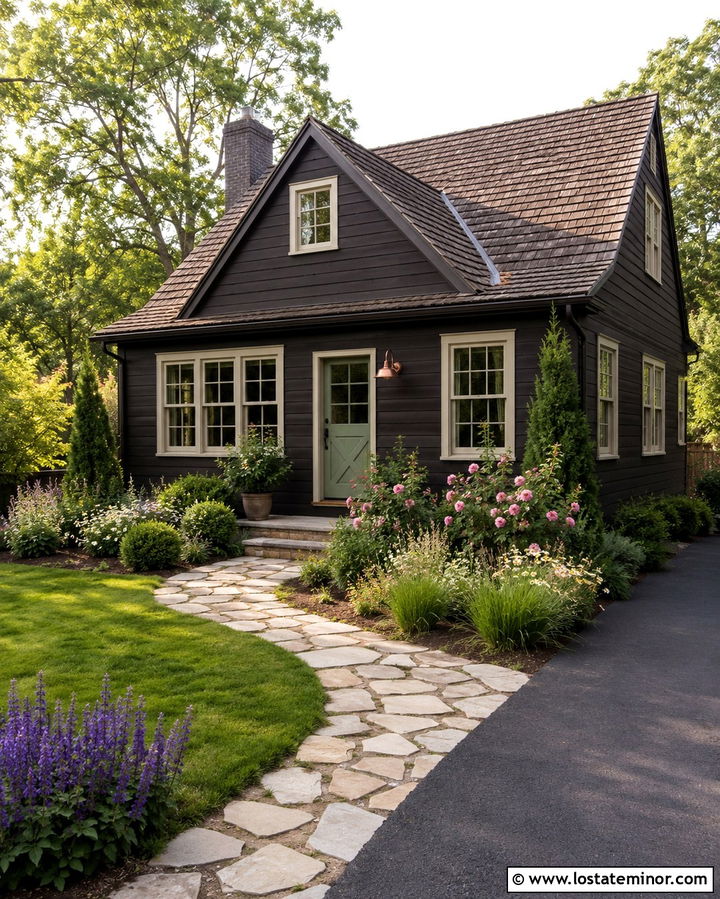 Soft Black Cottage With Garden Walkway - 30 Soft Black House Design With Walkway Ideas