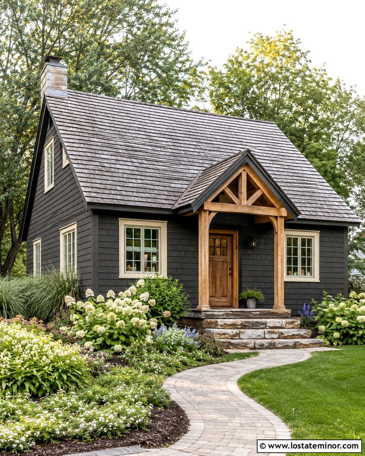 Soft Black Cottage With Natural Wood Porch - 30 Soft Black House Design With Front Porch Ideas
