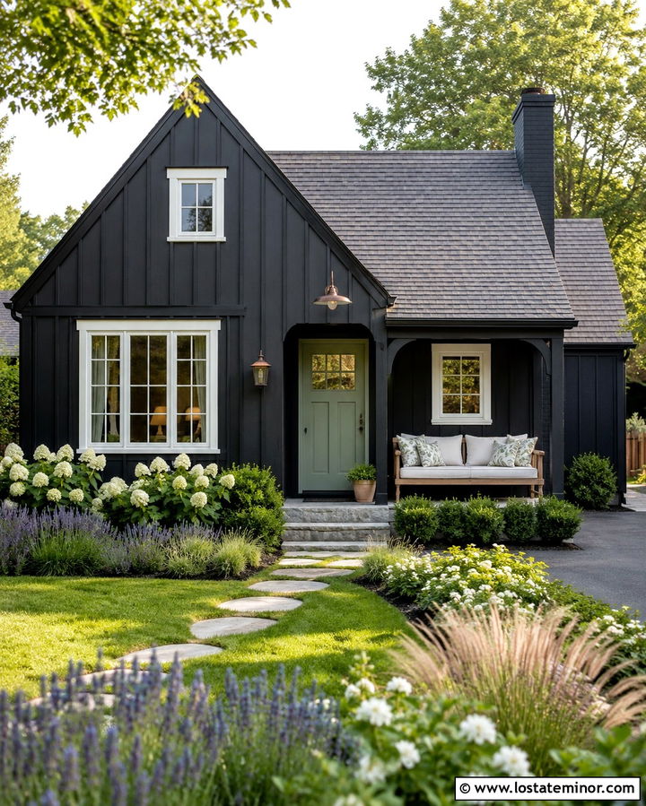 Soft Black Cottage With Porch Nook Daybed - 30 Soft Black House Design With Daybed Ideas