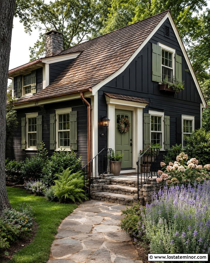 Soft Black Cottage With Sage Green Shutters - 30 Soft Black House Design With Shutters Ideas
