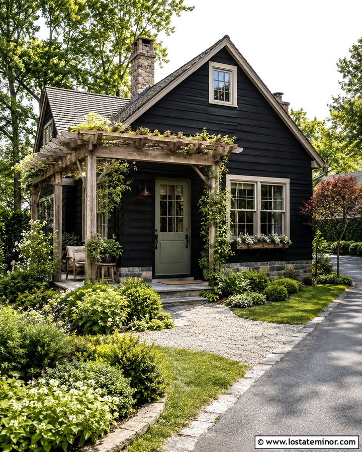 Soft Black Cottage With Vine Covered Pergola - 30 Soft Black House Design With Pergola Ideas