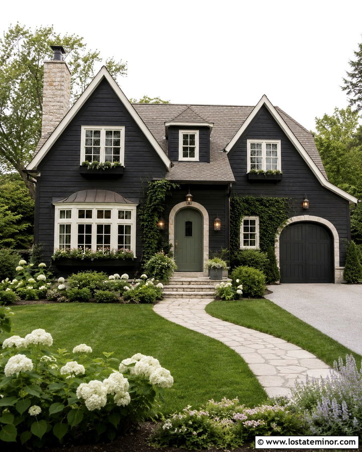 Soft Black Cottage With Warm Window Lighting - 30 Soft Black House Design With Lighting Ideas