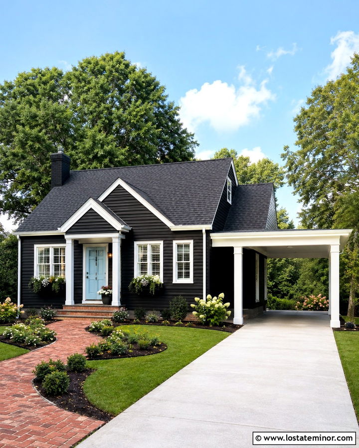 Soft Black Cottage With White Carport Trim - 30 Soft Black House Design With Carport Ideas