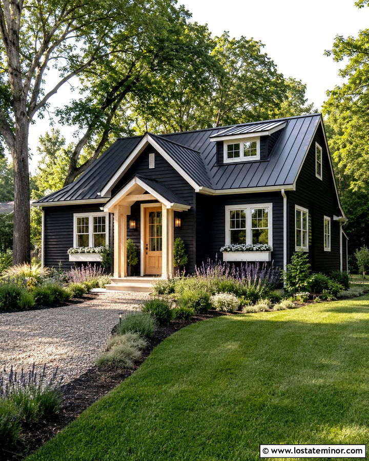 Soft Black Cottage With White Portico - 30 Soft Black House Design With Portico Ideas