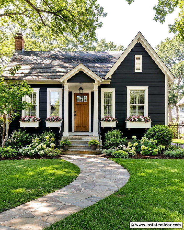 Soft Black Cottage With White Window Boxes - 30 Soft Black House Design With Window Boxes Ideas
