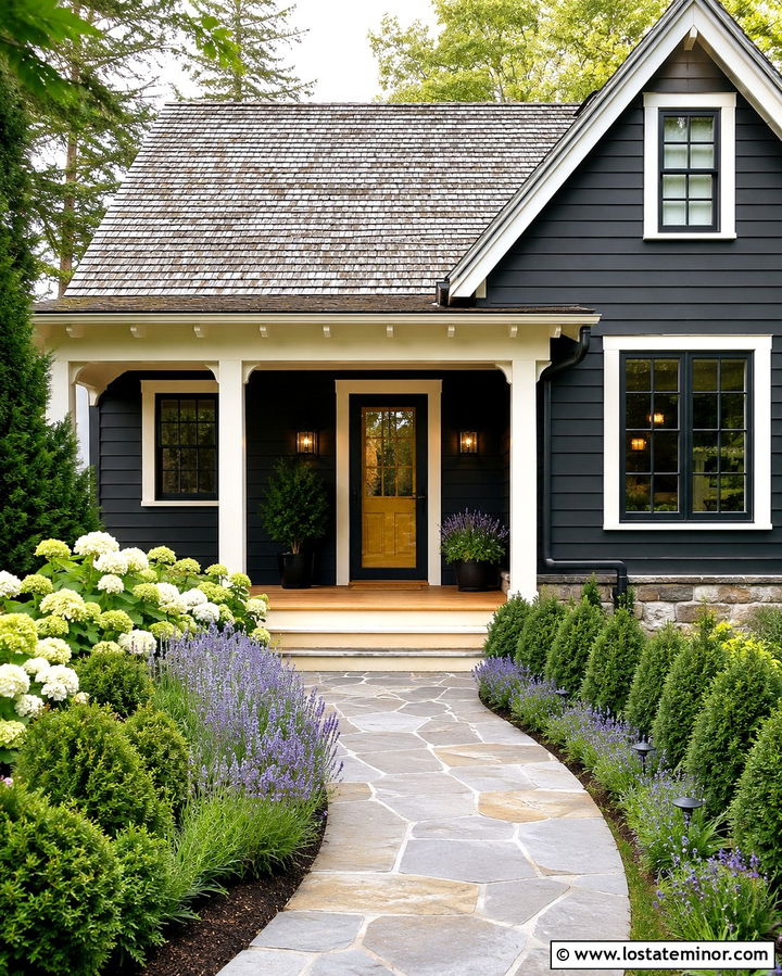 Soft Black Cottage With Yellow Door And Black Storm Door - 30 Soft Black House Design With Storm Door Ideas