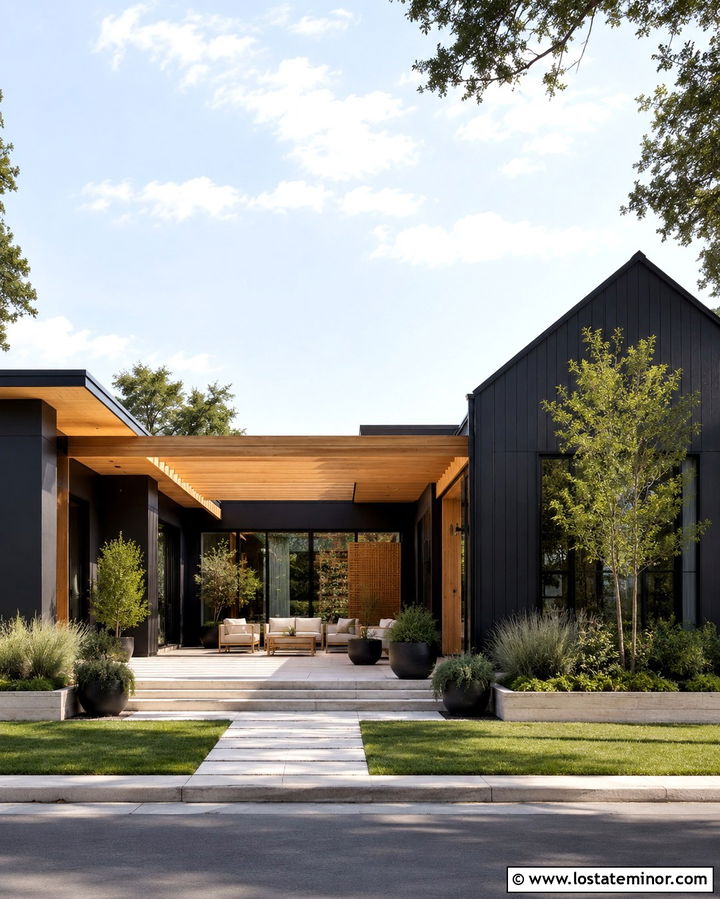 Soft Black Courtyard House With Central Pergola - 30 Soft Black House Design With Pergola Ideas