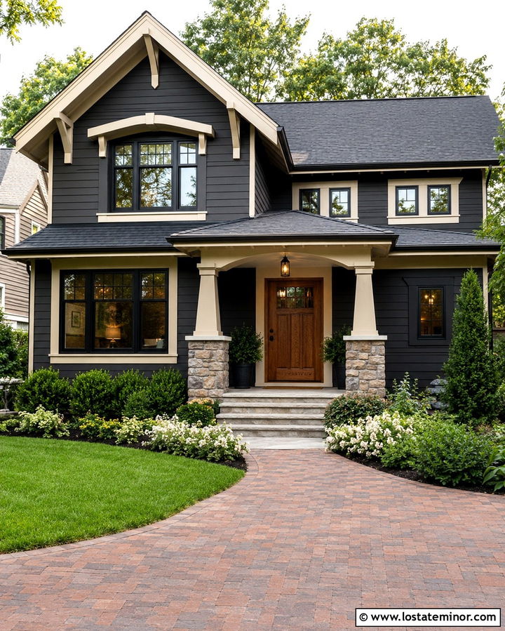 Soft Black Craftsman House With Brick Paver Driveway - 30 Soft Black House Design With Driveway Ideas